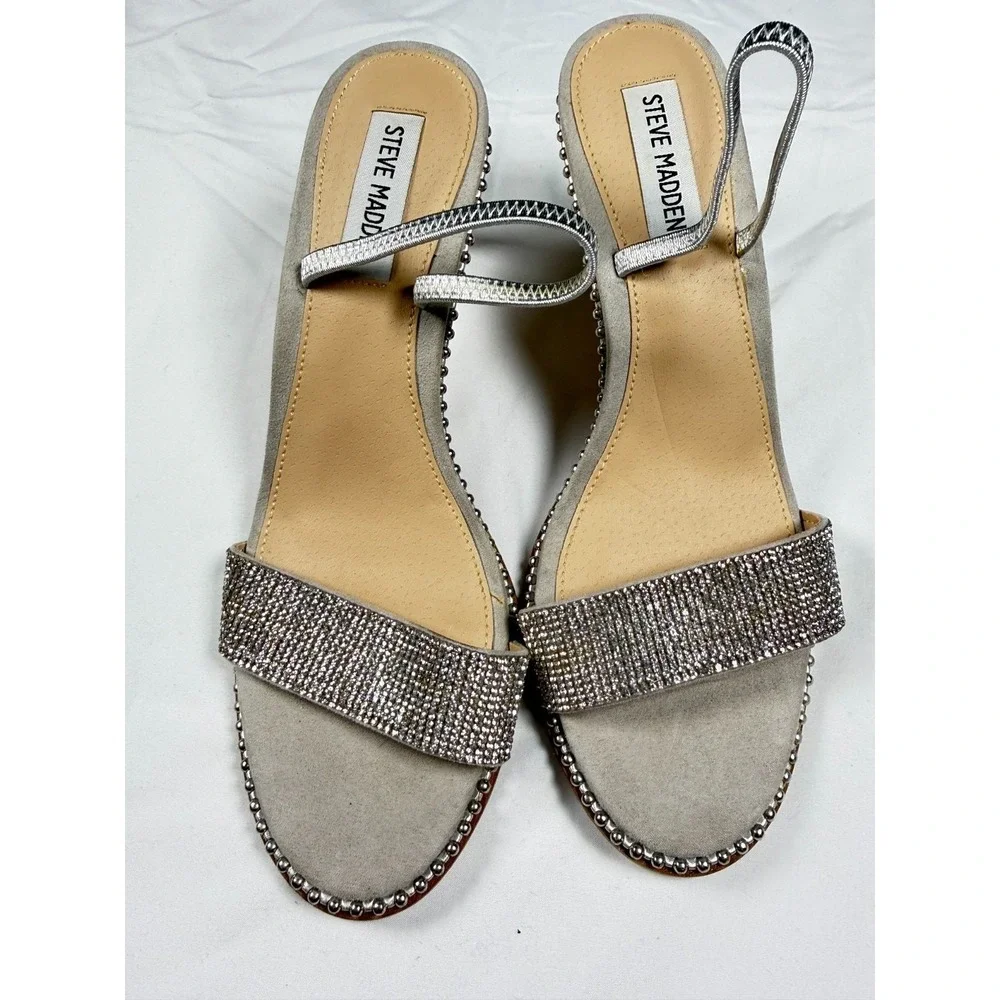 Steve Madden Rhinestone Slingback Heels 8.5 Taupe Suede Silver Dress Sandals